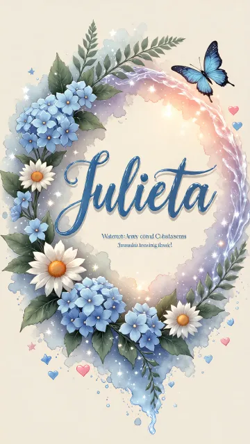 Julieta diseño 4 - Composición magica con nombre en letra cursiva azul, rodeado de hortensias azules, margaritas blancas y delicadas flores silvestres, enmarcado por suaves remolinos de agua, mariposas azules y destellos estelares sobre un fondo etéreo y romántico.