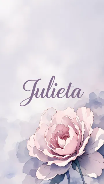 Julieta diseño 5 - Nombre en elegante tipografía cursiva caligráfica en tono lavanda, sobre fondo acuarela de cielo nublado en tonos pastel (azul, blanco, lavanda), decorado con rosa en acuarela de pétalos rosa pálido, blanco crema y lilas suaves con hojas en gris-verde.