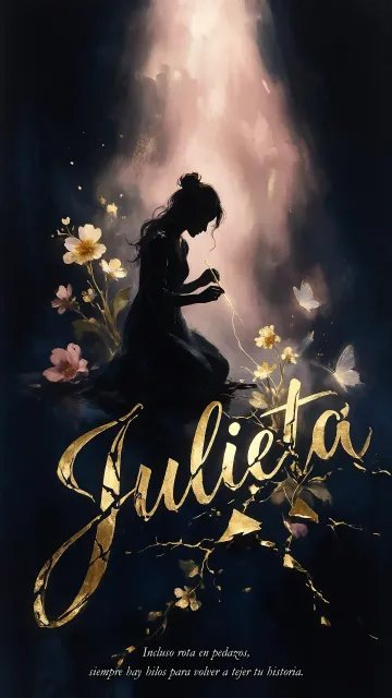 Julieta diseño 6 - Composición de ilustración semirrealista cinematográfica con silueta femenina tejiendo un hilo dorado de luz sobre un suelo oscuro fracturado al estilo Kintsugi, donde el nombre resalta en un prominente guión caligráfico dorado que emerge de las grietas, rodeado de flores blancas, mariposas y un fondo degradado de azules profundos iluminado por una luz celestial en tonos melocotón y crema, con una frase de aliento en tipografía blanca en la parte inferior.