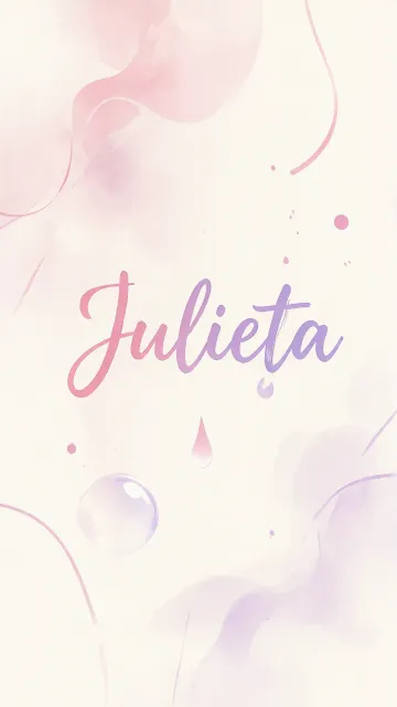 Julieta diseño 7 - Diseño abstracto en acuarela sobre fondo crema, con manchas fluidas y etéreas en rosa pastel y lila, líneas curvas que aportan movimiento, pequeñas gotas salpicadas cayendo verticalmente y una burbuja translúcida en la parte superior izquierda. El nombre resalta al centro con una tipografía cursiva amplia y elegante en degradado rosa a morado.