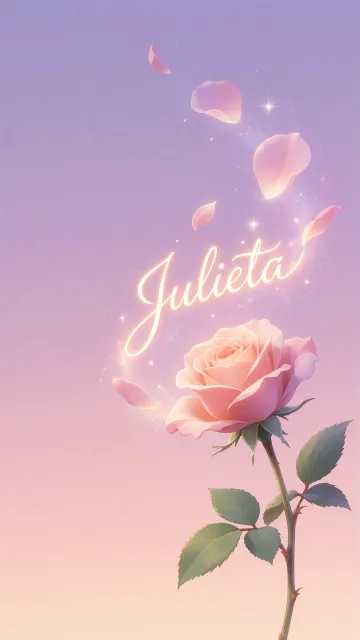Julieta diseño 8 - Fondo de Pantalla con degradado suave que transiciona de lila en la parte superior a melocotón y rosa pastel en la base, destacando una rosa rosada hiperrealista con tallo y hojas verdes. El nombre brilla en tipografía cursiva con efecto neón cálido, adornado con pétalos cayendo y chispas de luz mágica.
