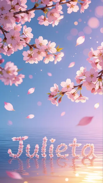 Julieta diseño 9 - Composición serena y onírica con ramas de cerezo en flor (sakura) en la parte superior contra un cielo en degradado de azul suave y lila. Pétalos de color rosa pastel flotan delicadamente en el aire cayendo hacia una superficie de agua tranquila y cristalina. En el centro inferior, el nombre está formado por pétalos de flores con un sutil efecto de relieve 3D y tipografía floral, reflejándose sobre el agua que está iluminada por un cálido destello dorado de luz solar en la esquina inferior derecha.