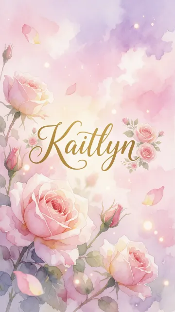 Kaitlyn diseño 10 - Diseño estilo acuarela con un fondo etéreo y texturizado en nubes de tonos rosa pastel y lila suave. Presenta composiciones de rosas abiertas y capullos en los bordes inferior y superior, con pétalos cayendo delicadamente. Incorpora destellos de luz cálida (efecto bokeh) y, en el centro, resalta una tipografía elegante, cursiva y fluida en color dorado.