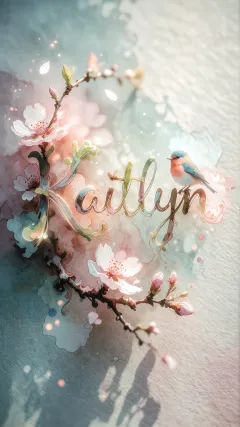 Kaitlyn - Un delicado diseño de estilo acuarela digital que combina una tipografía de caligrafía personalizada para el nombre en tonos dorados y rosados suaves, adornada con pequeñas hojas y brotes. Un pajarito azul y naranja vibrante está posado en una de las letras. Todo está rodeado por un marco circular de ramas de cerezo en flor con delicadas flores rosadas y blancas. El fondo es un lavado de acuarela difuminado en tonos pastel suaves de azul cerceta, rosa rubor y melocotón sobre una textura de papel rugoso, con destellos luminosos y motas de luz bokeh flotando alrededor, creando una atmósfera mágica y soñadora. Las sombras suaves proyectadas añaden profundidad.