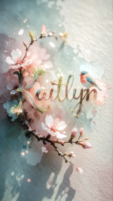 Kaitlyn diseño 11 - Un delicado diseño de estilo acuarela digital que combina una tipografía de caligrafía personalizada para el nombre en tonos dorados y rosados suaves, adornada con pequeñas hojas y brotes. Un pajarito azul y naranja vibrante está posado en una de las letras. Todo está rodeado por un marco circular de ramas de cerezo en flor con delicadas flores rosadas y blancas. El fondo es un lavado de acuarela difuminado en tonos pastel suaves de azul cerceta, rosa rubor y melocotón sobre una textura de papel rugoso, con destellos luminosos y motas de luz bokeh flotando alrededor, creando una atmósfera mágica y soñadora. Las sombras suaves proyectadas añaden profundidad.