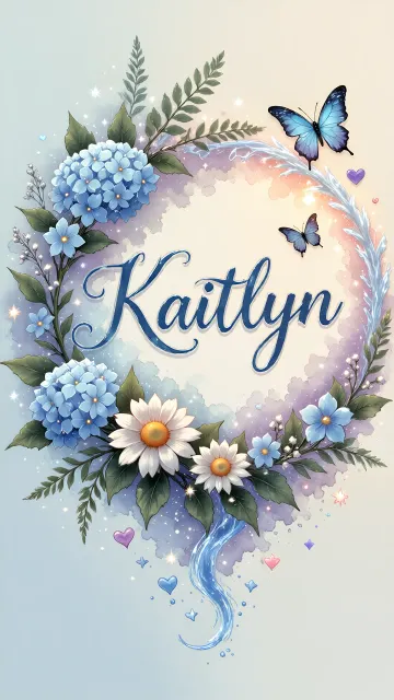 Kaitlyn diseño 4 - Composición magica con nombre en letra cursiva azul, rodeado de hortensias azules, margaritas blancas y delicadas flores silvestres, enmarcado por suaves remolinos de agua, mariposas azules y destellos estelares sobre un fondo etéreo y romántico.