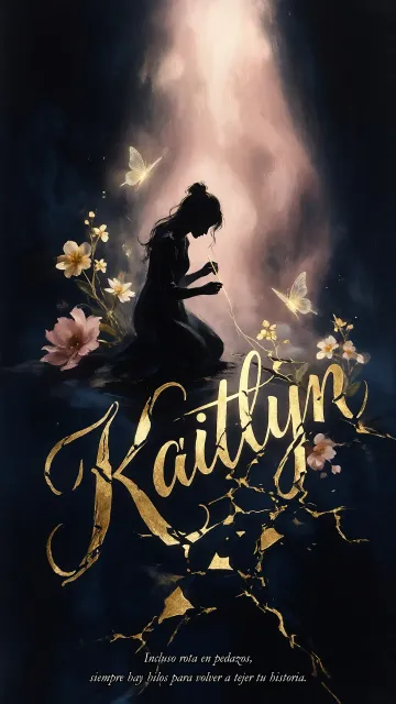 Kaitlyn diseño 6 - Composición de ilustración semirrealista cinematográfica con silueta femenina tejiendo un hilo dorado de luz sobre un suelo oscuro fracturado al estilo Kintsugi, donde el nombre resalta en un prominente guión caligráfico dorado que emerge de las grietas, rodeado de flores blancas, mariposas y un fondo degradado de azules profundos iluminado por una luz celestial en tonos melocotón y crema, con una frase de aliento en tipografía blanca en la parte inferior.