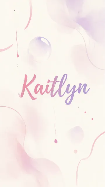 Kaitlyn diseño 7 - Diseño abstracto en acuarela sobre fondo crema, con manchas fluidas y etéreas en rosa pastel y lila, líneas curvas que aportan movimiento, pequeñas gotas salpicadas cayendo verticalmente y una burbuja translúcida en la parte superior izquierda. El nombre resalta al centro con una tipografía cursiva amplia y elegante en degradado rosa a morado.