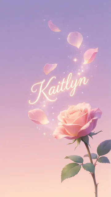 Kaitlyn diseño 8 - Fondo de Pantalla con degradado suave que transiciona de lila en la parte superior a melocotón y rosa pastel en la base, destacando una rosa rosada hiperrealista con tallo y hojas verdes. El nombre brilla en tipografía cursiva con efecto neón cálido, adornado con pétalos cayendo y chispas de luz mágica.
