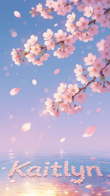 Kaitlyn diseño 9 - Composición serena y onírica con ramas de cerezo en flor (sakura) en la parte superior contra un cielo en degradado de azul suave y lila. Pétalos de color rosa pastel flotan delicadamente en el aire cayendo hacia una superficie de agua tranquila y cristalina. En el centro inferior, el nombre está formado por pétalos de flores con un sutil efecto de relieve 3D y tipografía floral, reflejándose sobre el agua que está iluminada por un cálido destello dorado de luz solar en la esquina inferior derecha.