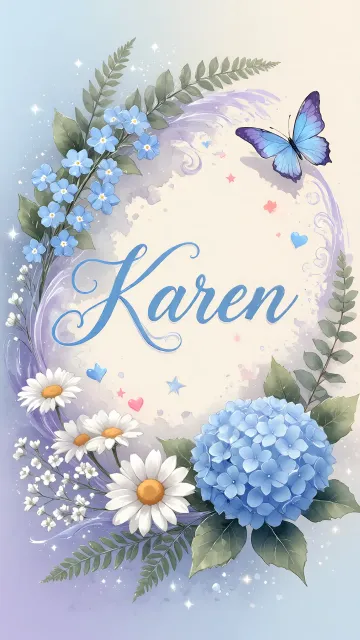 Karen diseño 1 - Hortensias azules, flores pequeñas y acuarela suave con mariposas azules y brillo etéreo
