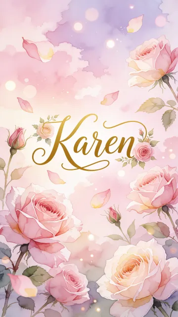 Karen diseño 10 - Diseño estilo acuarela con un fondo etéreo y texturizado en nubes de tonos rosa pastel y lila suave. Presenta composiciones de rosas abiertas y capullos en los bordes inferior y superior, con pétalos cayendo delicadamente. Incorpora destellos de luz cálida (efecto bokeh) y, en el centro, resalta una tipografía elegante, cursiva y fluida en color dorado.