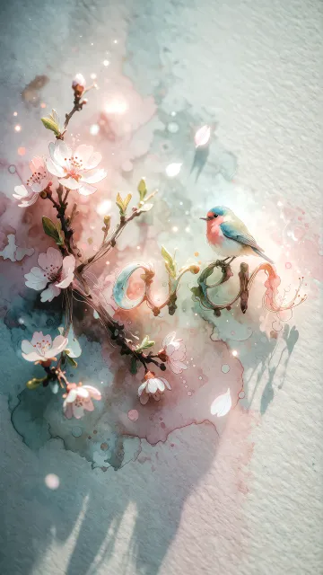 Karen diseño 11 - Un delicado diseño de estilo acuarela digital que combina una tipografía de caligrafía personalizada para el nombre en tonos dorados y rosados suaves, adornada con pequeñas hojas y brotes. Un pajarito azul y naranja vibrante está posado en una de las letras. Todo está rodeado por un marco circular de ramas de cerezo en flor con delicadas flores rosadas y blancas. El fondo es un lavado de acuarela difuminado en tonos pastel suaves de azul cerceta, rosa rubor y melocotón sobre una textura de papel rugoso, con destellos luminosos y motas de luz bokeh flotando alrededor, creando una atmósfera mágica y soñadora. Las sombras suaves proyectadas añaden profundidad.