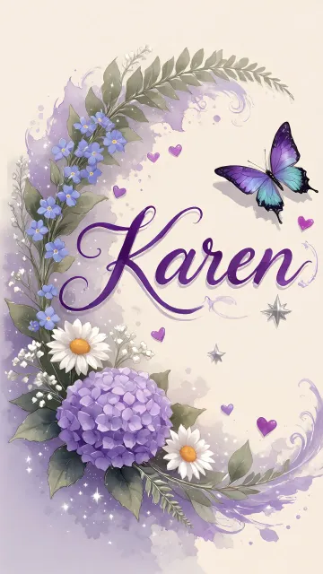 Karen diseño 2 - Diseño elegante de hortensias en tonos lila y morados suaves, con volutas estilizadas y una mariposa mística que aporta un toque etéreo y mágico.