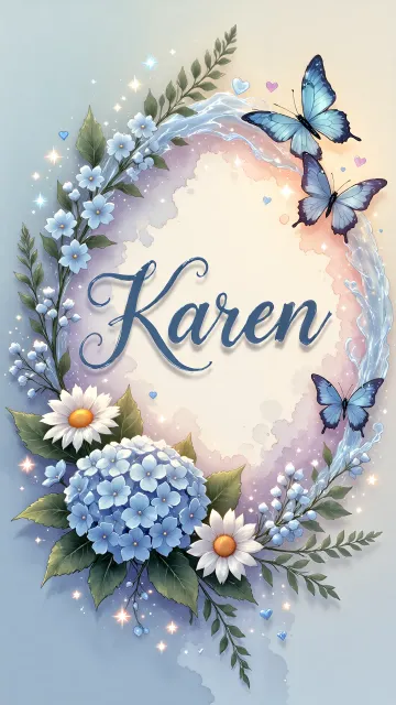 Karen diseño 4 - Composición magica con nombre en letra cursiva azul, rodeado de hortensias azules, margaritas blancas y delicadas flores silvestres, enmarcado por suaves remolinos de agua, mariposas azules y destellos estelares sobre un fondo etéreo y romántico.