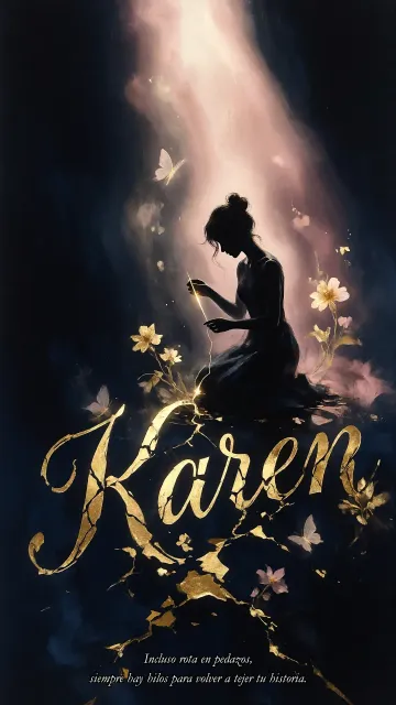 Karen diseño 6 - Composición de ilustración semirrealista cinematográfica con silueta femenina tejiendo un hilo dorado de luz sobre un suelo oscuro fracturado al estilo Kintsugi, donde el nombre resalta en un prominente guión caligráfico dorado que emerge de las grietas, rodeado de flores blancas, mariposas y un fondo degradado de azules profundos iluminado por una luz celestial en tonos melocotón y crema, con una frase de aliento en tipografía blanca en la parte inferior.