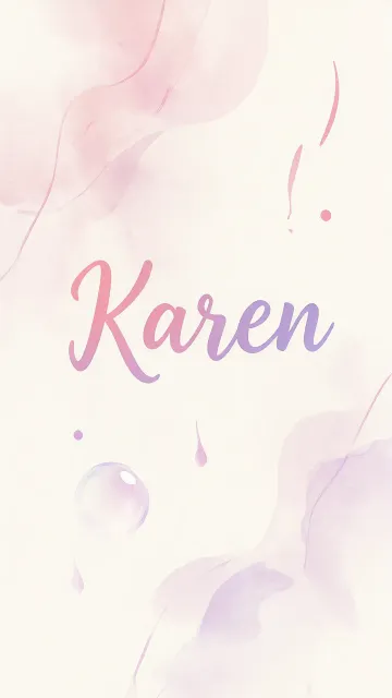 Karen diseño 7 - Diseño abstracto en acuarela sobre fondo crema, con manchas fluidas y etéreas en rosa pastel y lila, líneas curvas que aportan movimiento, pequeñas gotas salpicadas cayendo verticalmente y una burbuja translúcida en la parte superior izquierda. El nombre resalta al centro con una tipografía cursiva amplia y elegante en degradado rosa a morado.