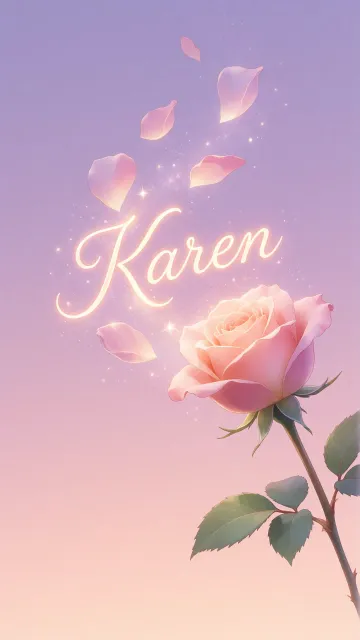 Karen diseño 8 - Fondo de Pantalla con degradado suave que transiciona de lila en la parte superior a melocotón y rosa pastel en la base, destacando una rosa rosada hiperrealista con tallo y hojas verdes. El nombre brilla en tipografía cursiva con efecto neón cálido, adornado con pétalos cayendo y chispas de luz mágica.