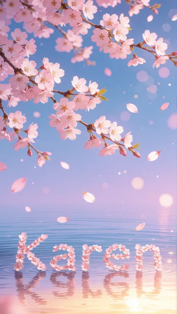 Karen diseño 9 - Composición serena y onírica con ramas de cerezo en flor (sakura) en la parte superior contra un cielo en degradado de azul suave y lila. Pétalos de color rosa pastel flotan delicadamente en el aire cayendo hacia una superficie de agua tranquila y cristalina. En el centro inferior, el nombre está formado por pétalos de flores con un sutil efecto de relieve 3D y tipografía floral, reflejándose sobre el agua que está iluminada por un cálido destello dorado de luz solar en la esquina inferior derecha.