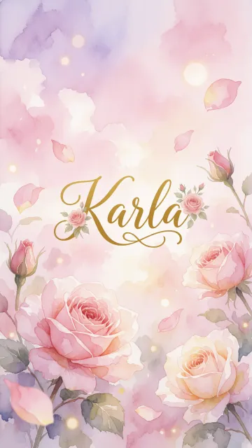 Karla diseño 10 - Diseño estilo acuarela con un fondo etéreo y texturizado en nubes de tonos rosa pastel y lila suave. Presenta composiciones de rosas abiertas y capullos en los bordes inferior y superior, con pétalos cayendo delicadamente. Incorpora destellos de luz cálida (efecto bokeh) y, en el centro, resalta una tipografía elegante, cursiva y fluida en color dorado.