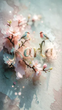 Karla - Un delicado diseño de estilo acuarela digital que combina una tipografía de caligrafía personalizada para el nombre en tonos dorados y rosados suaves, adornada con pequeñas hojas y brotes. Un pajarito azul y naranja vibrante está posado en una de las letras. Todo está rodeado por un marco circular de ramas de cerezo en flor con delicadas flores rosadas y blancas. El fondo es un lavado de acuarela difuminado en tonos pastel suaves de azul cerceta, rosa rubor y melocotón sobre una textura de papel rugoso, con destellos luminosos y motas de luz bokeh flotando alrededor, creando una atmósfera mágica y soñadora. Las sombras suaves proyectadas añaden profundidad.