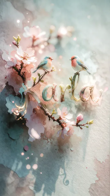Karla diseño 11 - Un delicado diseño de estilo acuarela digital que combina una tipografía de caligrafía personalizada para el nombre en tonos dorados y rosados suaves, adornada con pequeñas hojas y brotes. Un pajarito azul y naranja vibrante está posado en una de las letras. Todo está rodeado por un marco circular de ramas de cerezo en flor con delicadas flores rosadas y blancas. El fondo es un lavado de acuarela difuminado en tonos pastel suaves de azul cerceta, rosa rubor y melocotón sobre una textura de papel rugoso, con destellos luminosos y motas de luz bokeh flotando alrededor, creando una atmósfera mágica y soñadora. Las sombras suaves proyectadas añaden profundidad.