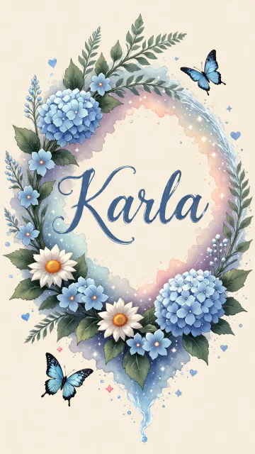 Karla diseño 4 - Composición magica con nombre en letra cursiva azul, rodeado de hortensias azules, margaritas blancas y delicadas flores silvestres, enmarcado por suaves remolinos de agua, mariposas azules y destellos estelares sobre un fondo etéreo y romántico.