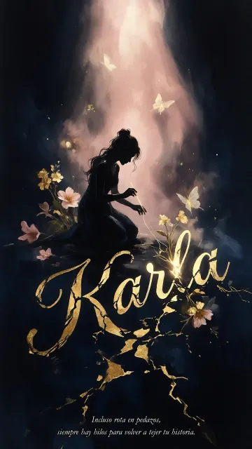 Karla diseño 6 - Composición de ilustración semirrealista cinematográfica con silueta femenina tejiendo un hilo dorado de luz sobre un suelo oscuro fracturado al estilo Kintsugi, donde el nombre resalta en un prominente guión caligráfico dorado que emerge de las grietas, rodeado de flores blancas, mariposas y un fondo degradado de azules profundos iluminado por una luz celestial en tonos melocotón y crema, con una frase de aliento en tipografía blanca en la parte inferior.