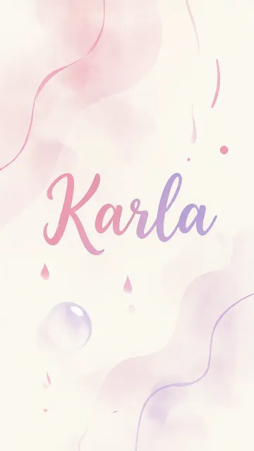 Karla diseño 7 - Diseño abstracto en acuarela sobre fondo crema, con manchas fluidas y etéreas en rosa pastel y lila, líneas curvas que aportan movimiento, pequeñas gotas salpicadas cayendo verticalmente y una burbuja translúcida en la parte superior izquierda. El nombre resalta al centro con una tipografía cursiva amplia y elegante en degradado rosa a morado.