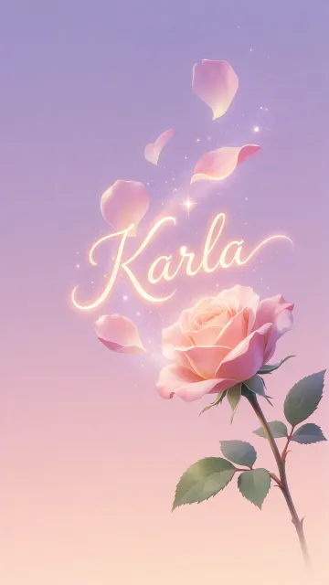Karla diseño 8 - Fondo de Pantalla con degradado suave que transiciona de lila en la parte superior a melocotón y rosa pastel en la base, destacando una rosa rosada hiperrealista con tallo y hojas verdes. El nombre brilla en tipografía cursiva con efecto neón cálido, adornado con pétalos cayendo y chispas de luz mágica.