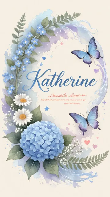 Katherine diseño 1 - Hortensias azules, flores pequeñas y acuarela suave con mariposas azules y brillo etéreo