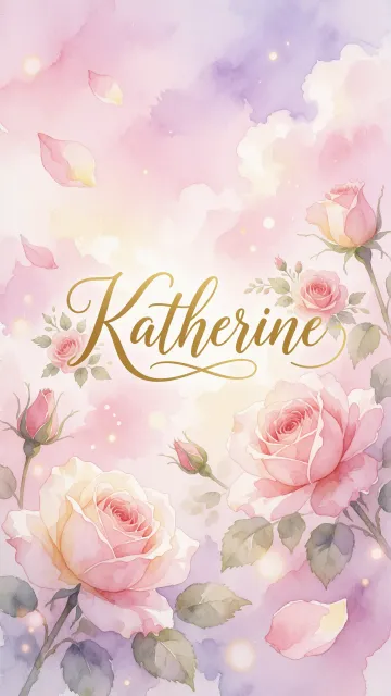 Katherine diseño 10 - Diseño estilo acuarela con un fondo etéreo y texturizado en nubes de tonos rosa pastel y lila suave. Presenta composiciones de rosas abiertas y capullos en los bordes inferior y superior, con pétalos cayendo delicadamente. Incorpora destellos de luz cálida (efecto bokeh) y, en el centro, resalta una tipografía elegante, cursiva y fluida en color dorado.