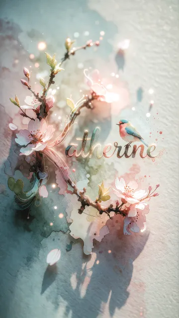 Katherine diseño 11 - Un delicado diseño de estilo acuarela digital que combina una tipografía de caligrafía personalizada para el nombre en tonos dorados y rosados suaves, adornada con pequeñas hojas y brotes. Un pajarito azul y naranja vibrante está posado en una de las letras. Todo está rodeado por un marco circular de ramas de cerezo en flor con delicadas flores rosadas y blancas. El fondo es un lavado de acuarela difuminado en tonos pastel suaves de azul cerceta, rosa rubor y melocotón sobre una textura de papel rugoso, con destellos luminosos y motas de luz bokeh flotando alrededor, creando una atmósfera mágica y soñadora. Las sombras suaves proyectadas añaden profundidad.