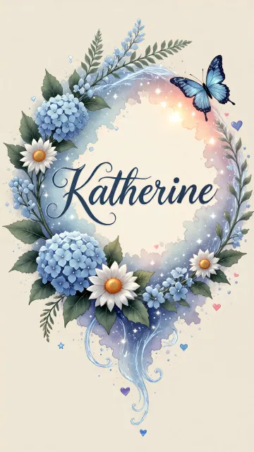 Katherine diseño 4 - Composición magica con nombre en letra cursiva azul, rodeado de hortensias azules, margaritas blancas y delicadas flores silvestres, enmarcado por suaves remolinos de agua, mariposas azules y destellos estelares sobre un fondo etéreo y romántico.