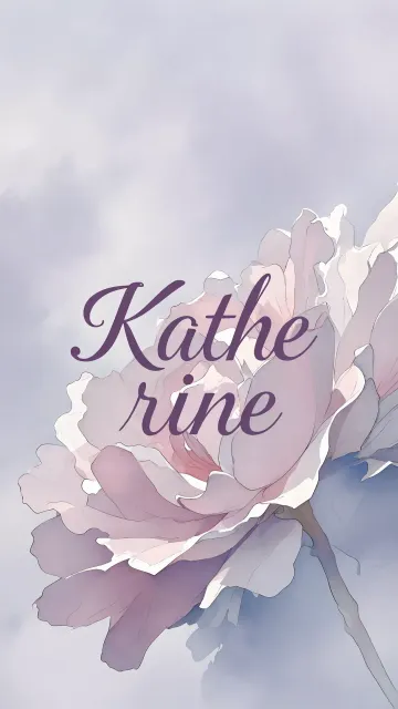 Katherine diseño 5 - Nombre en elegante tipografía cursiva caligráfica en tono lavanda, sobre fondo acuarela de cielo nublado en tonos pastel (azul, blanco, lavanda), decorado con rosa en acuarela de pétalos rosa pálido, blanco crema y lilas suaves con hojas en gris-verde.