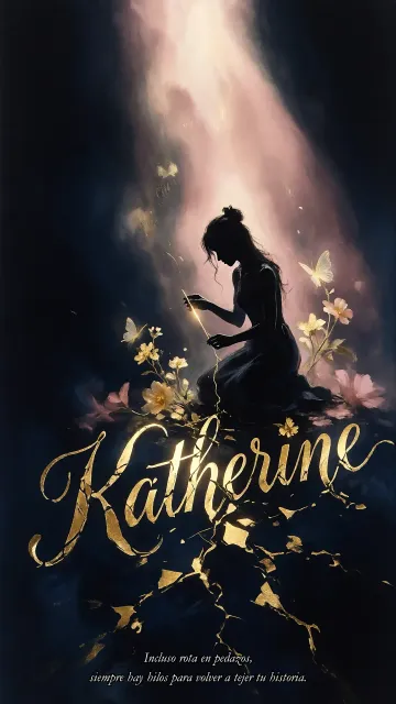 Katherine diseño 6 - Composición de ilustración semirrealista cinematográfica con silueta femenina tejiendo un hilo dorado de luz sobre un suelo oscuro fracturado al estilo Kintsugi, donde el nombre resalta en un prominente guión caligráfico dorado que emerge de las grietas, rodeado de flores blancas, mariposas y un fondo degradado de azules profundos iluminado por una luz celestial en tonos melocotón y crema, con una frase de aliento en tipografía blanca en la parte inferior.