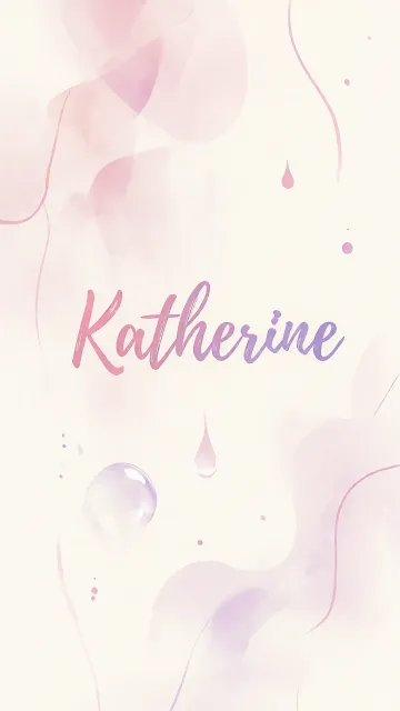 Katherine diseño 7 - Diseño abstracto en acuarela sobre fondo crema, con manchas fluidas y etéreas en rosa pastel y lila, líneas curvas que aportan movimiento, pequeñas gotas salpicadas cayendo verticalmente y una burbuja translúcida en la parte superior izquierda. El nombre resalta al centro con una tipografía cursiva amplia y elegante en degradado rosa a morado.