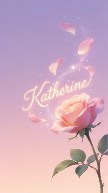 Katherine diseño 8 - Fondo de Pantalla con degradado suave que transiciona de lila en la parte superior a melocotón y rosa pastel en la base, destacando una rosa rosada hiperrealista con tallo y hojas verdes. El nombre brilla en tipografía cursiva con efecto neón cálido, adornado con pétalos cayendo y chispas de luz mágica.