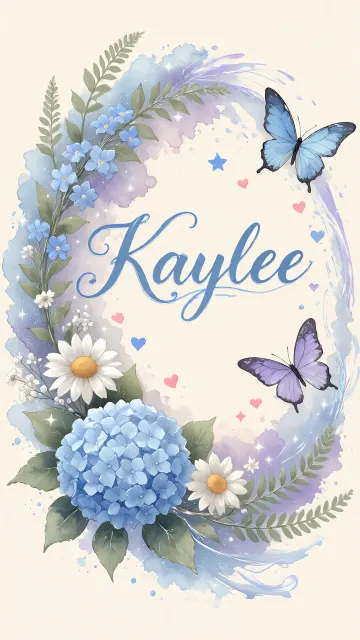 Kaylee diseño 1 - Hortensias azules, flores pequeñas y acuarela suave con mariposas azules y brillo etéreo