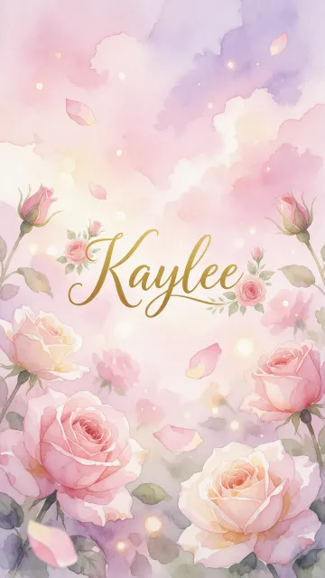 Kaylee diseño 10 - Diseño estilo acuarela con un fondo etéreo y texturizado en nubes de tonos rosa pastel y lila suave. Presenta composiciones de rosas abiertas y capullos en los bordes inferior y superior, con pétalos cayendo delicadamente. Incorpora destellos de luz cálida (efecto bokeh) y, en el centro, resalta una tipografía elegante, cursiva y fluida en color dorado.