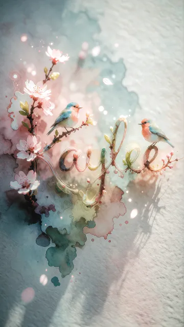 Kaylee diseño 11 - Un delicado diseño de estilo acuarela digital que combina una tipografía de caligrafía personalizada para el nombre en tonos dorados y rosados suaves, adornada con pequeñas hojas y brotes. Un pajarito azul y naranja vibrante está posado en una de las letras. Todo está rodeado por un marco circular de ramas de cerezo en flor con delicadas flores rosadas y blancas. El fondo es un lavado de acuarela difuminado en tonos pastel suaves de azul cerceta, rosa rubor y melocotón sobre una textura de papel rugoso, con destellos luminosos y motas de luz bokeh flotando alrededor, creando una atmósfera mágica y soñadora. Las sombras suaves proyectadas añaden profundidad.