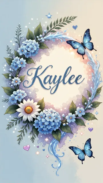 Kaylee diseño 4 - Composición magica con nombre en letra cursiva azul, rodeado de hortensias azules, margaritas blancas y delicadas flores silvestres, enmarcado por suaves remolinos de agua, mariposas azules y destellos estelares sobre un fondo etéreo y romántico.