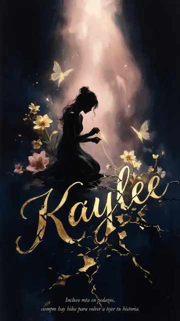 Kaylee diseño 6 - Composición de ilustración semirrealista cinematográfica con silueta femenina tejiendo un hilo dorado de luz sobre un suelo oscuro fracturado al estilo Kintsugi, donde el nombre resalta en un prominente guión caligráfico dorado que emerge de las grietas, rodeado de flores blancas, mariposas y un fondo degradado de azules profundos iluminado por una luz celestial en tonos melocotón y crema, con una frase de aliento en tipografía blanca en la parte inferior.