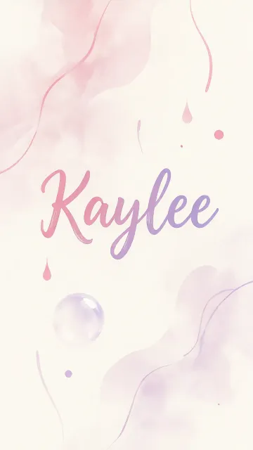 Kaylee diseño 7 - Diseño abstracto en acuarela sobre fondo crema, con manchas fluidas y etéreas en rosa pastel y lila, líneas curvas que aportan movimiento, pequeñas gotas salpicadas cayendo verticalmente y una burbuja translúcida en la parte superior izquierda. El nombre resalta al centro con una tipografía cursiva amplia y elegante en degradado rosa a morado.