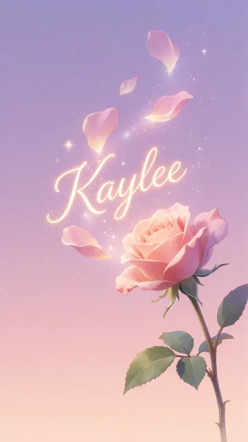 Kaylee diseño 8 - Fondo de Pantalla con degradado suave que transiciona de lila en la parte superior a melocotón y rosa pastel en la base, destacando una rosa rosada hiperrealista con tallo y hojas verdes. El nombre brilla en tipografía cursiva con efecto neón cálido, adornado con pétalos cayendo y chispas de luz mágica.
