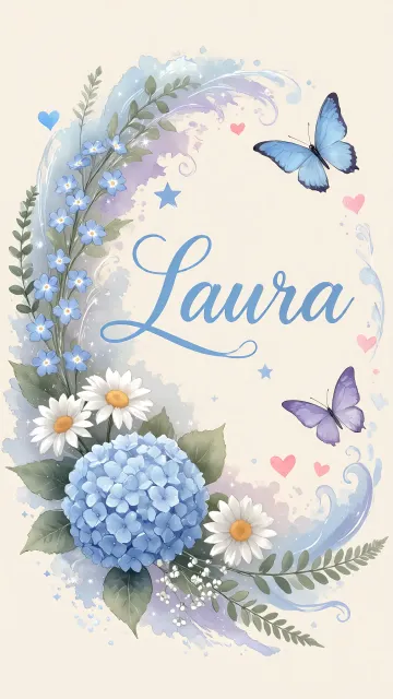Laura diseño 1 - Hortensias azules, flores pequeñas y acuarela suave con mariposas azules y brillo etéreo