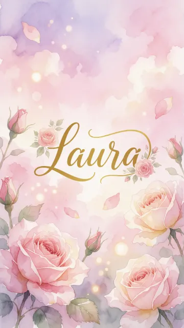 Laura diseño 10 - Diseño estilo acuarela con un fondo etéreo y texturizado en nubes de tonos rosa pastel y lila suave. Presenta composiciones de rosas abiertas y capullos en los bordes inferior y superior, con pétalos cayendo delicadamente. Incorpora destellos de luz cálida (efecto bokeh) y, en el centro, resalta una tipografía elegante, cursiva y fluida en color dorado.