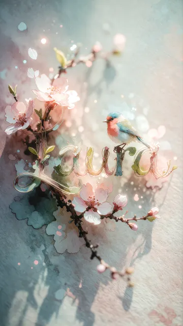 Laura diseño 11 - Un delicado diseño de estilo acuarela digital que combina una tipografía de caligrafía personalizada para el nombre en tonos dorados y rosados suaves, adornada con pequeñas hojas y brotes. Un pajarito azul y naranja vibrante está posado en una de las letras. Todo está rodeado por un marco circular de ramas de cerezo en flor con delicadas flores rosadas y blancas. El fondo es un lavado de acuarela difuminado en tonos pastel suaves de azul cerceta, rosa rubor y melocotón sobre una textura de papel rugoso, con destellos luminosos y motas de luz bokeh flotando alrededor, creando una atmósfera mágica y soñadora. Las sombras suaves proyectadas añaden profundidad.