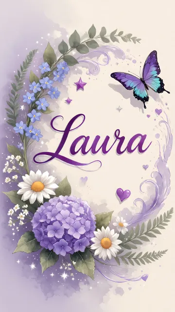 Laura diseño 2 - Diseño elegante de hortensias en tonos lila y morados suaves, con volutas estilizadas y una mariposa mística que aporta un toque etéreo y mágico.