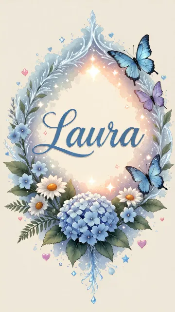 Laura diseño 4 - Composición magica con nombre en letra cursiva azul, rodeado de hortensias azules, margaritas blancas y delicadas flores silvestres, enmarcado por suaves remolinos de agua, mariposas azules y destellos estelares sobre un fondo etéreo y romántico.